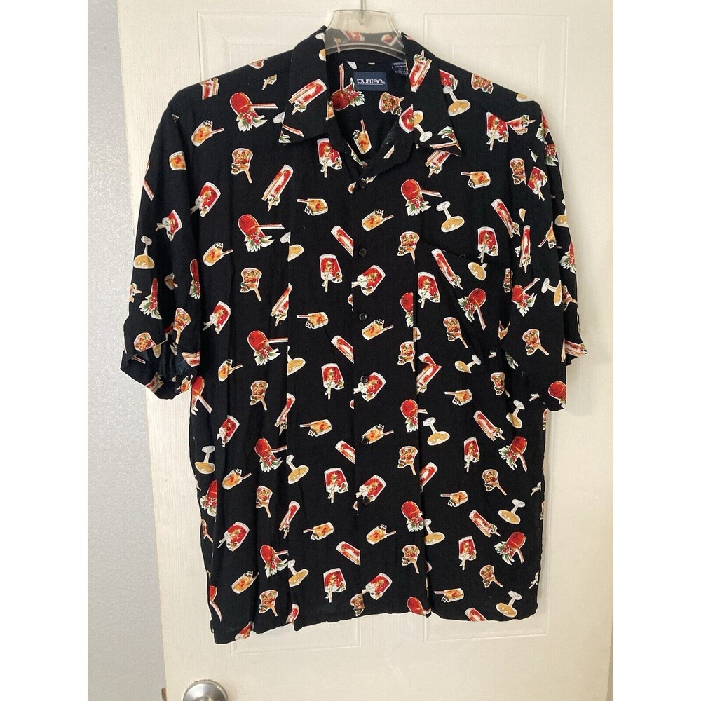 Margarita All Over Mens L Shirt Button Up Black Hawaiian Cocktail Party Resort